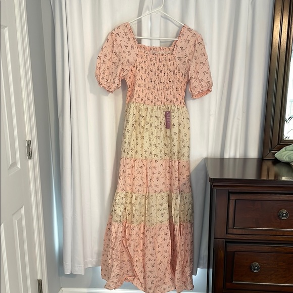 Pink and Cream Smocked Maxi Dress with Puff Sleeves - Picture 1 of 5